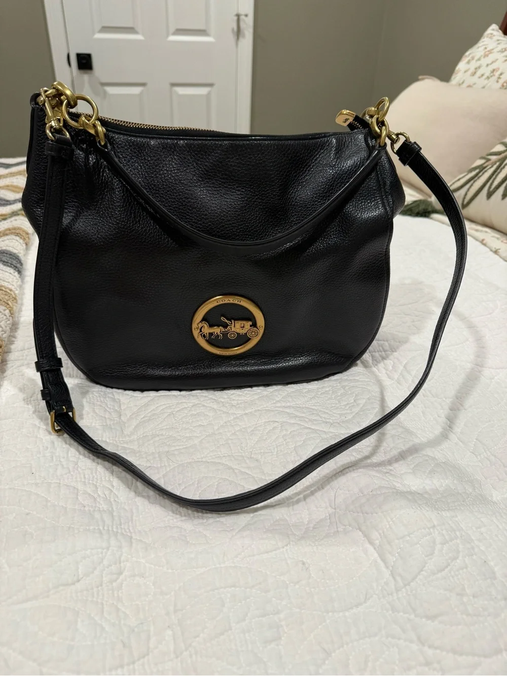 Coach Elle Hobo Black Pebbled Leather Shoulder Bag with Gold Hardware
